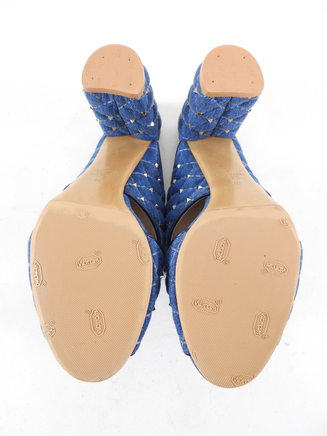 Valentino Blue Denim Rock Stud Block Heel Sandals - 40 / 9.5