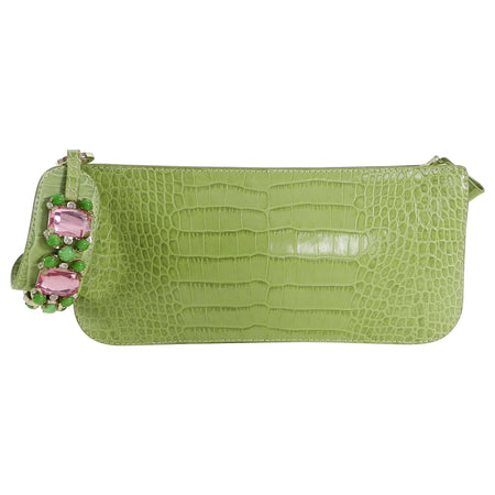 Valentino Green Croc Embossed Leather Jewel Wristlet Bag