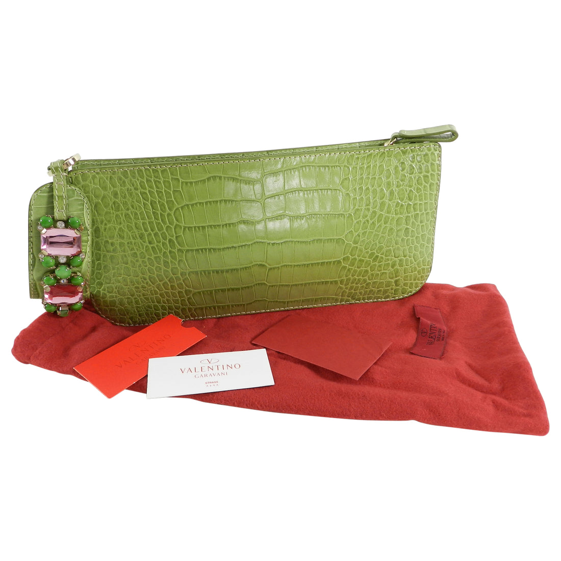 Valentino Green Croc Embossed Leather Jewel Wristlet Bag