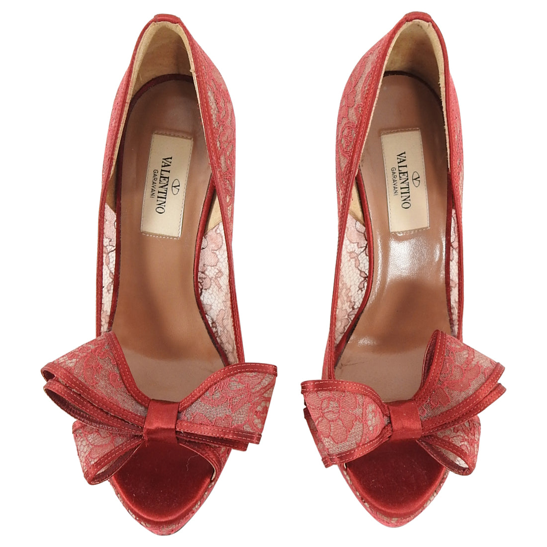 Valentino Red Lace Bow Satin Peep Toe Pumps - 36.5