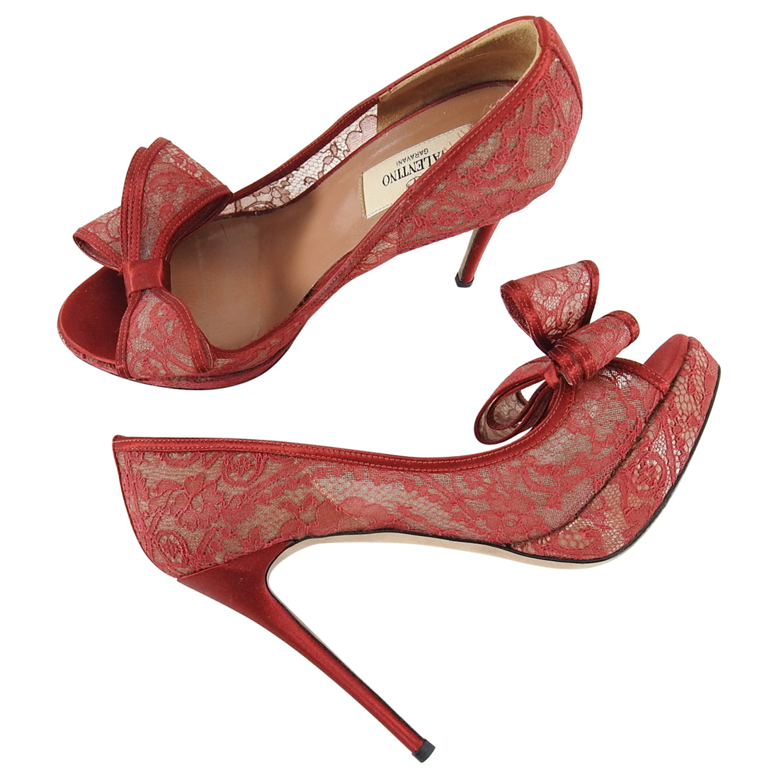 Valentino Red Lace Bow Satin Peep Toe Pumps - 36.5
