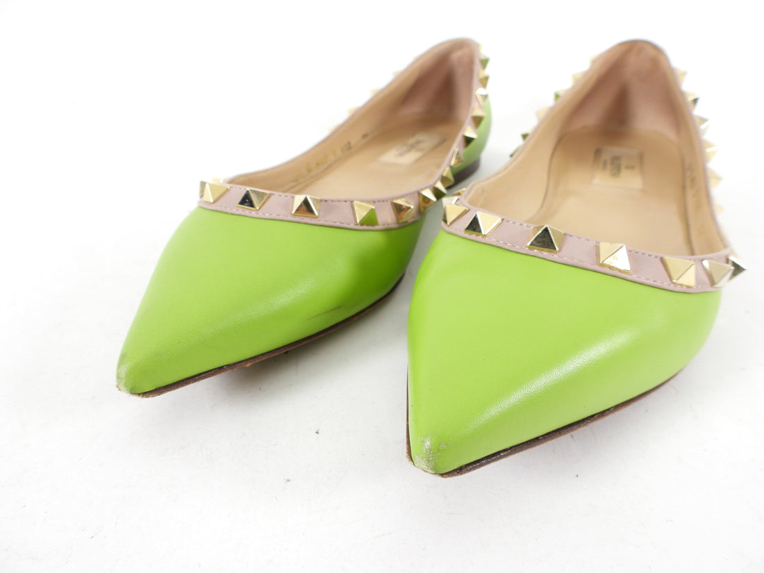 Valentino Lime Green Leather Rock Stud Flats - 37