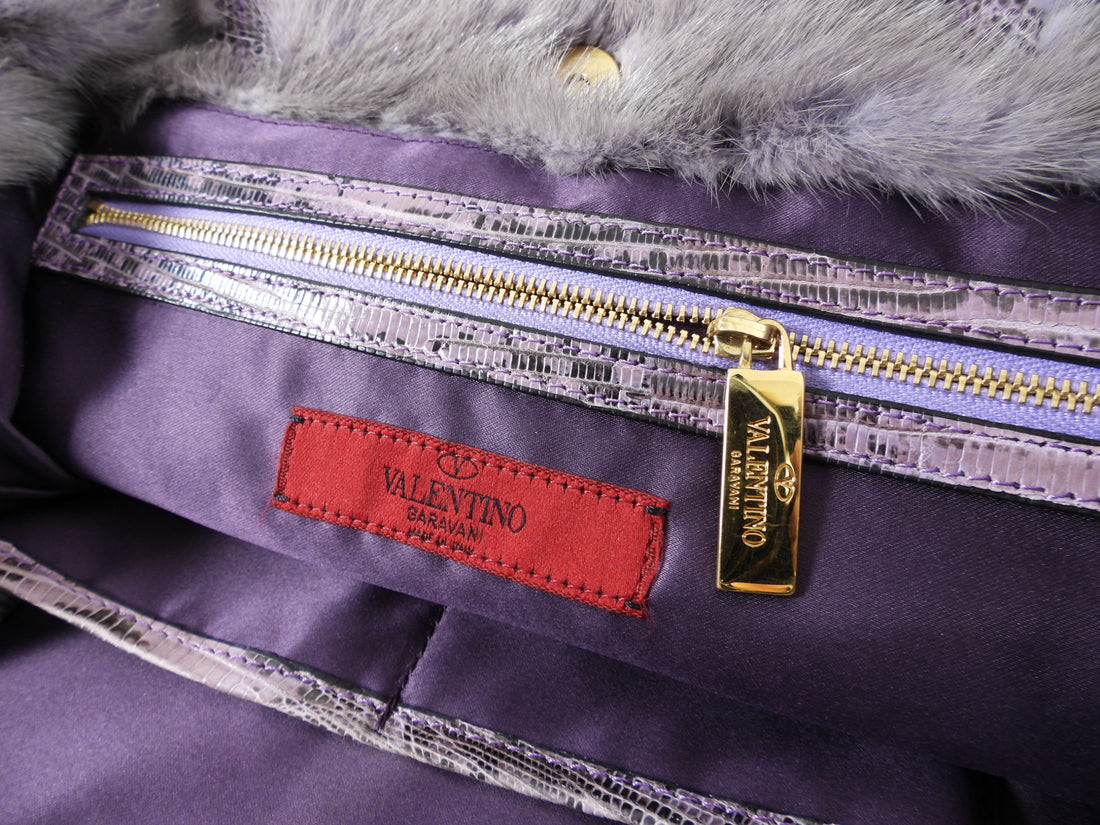 Valentino Purple Stripe Mink and Karung Lizard Tote Bag
