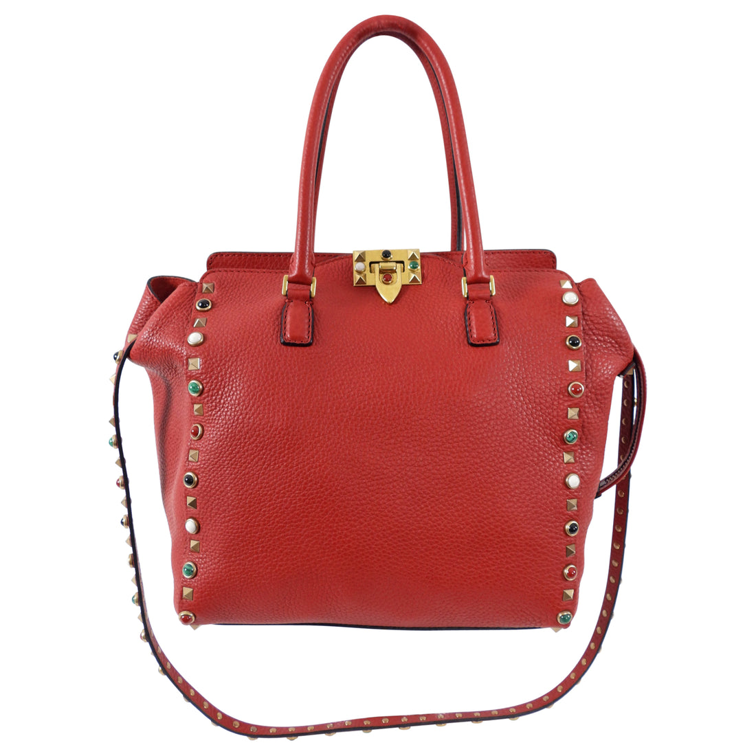Valentino Red Leather Rockstud Rolling Trapeze Tote Bag