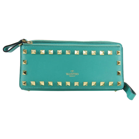 Valentino Aqua Green Rock Stud Zip Around Wallet