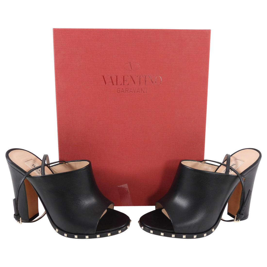 Valentino Rock Stud Black High Heel Mules with Ankle Strap - 6