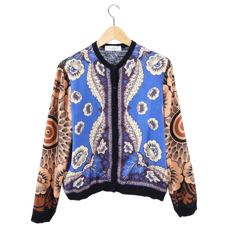 Valentino Blue and Caramel Silk Pattern Cardigan Sweater - USA 8