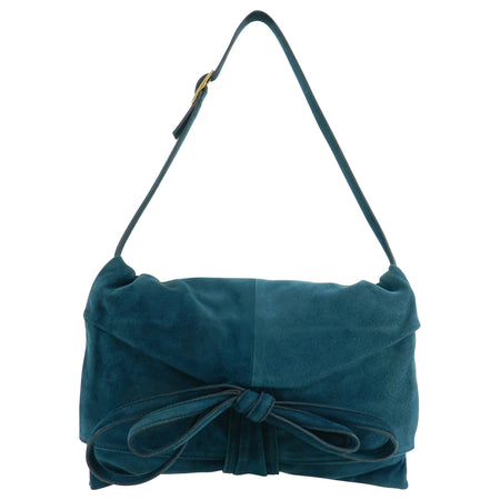 Valentino Dark Green Teal Suede Ribbon Shoulder Bag