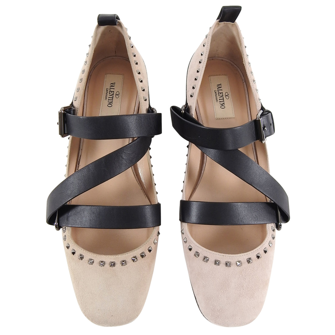 Valentino Nude Suede Rock Stud Leather Strap Flats - 39 / 8.5