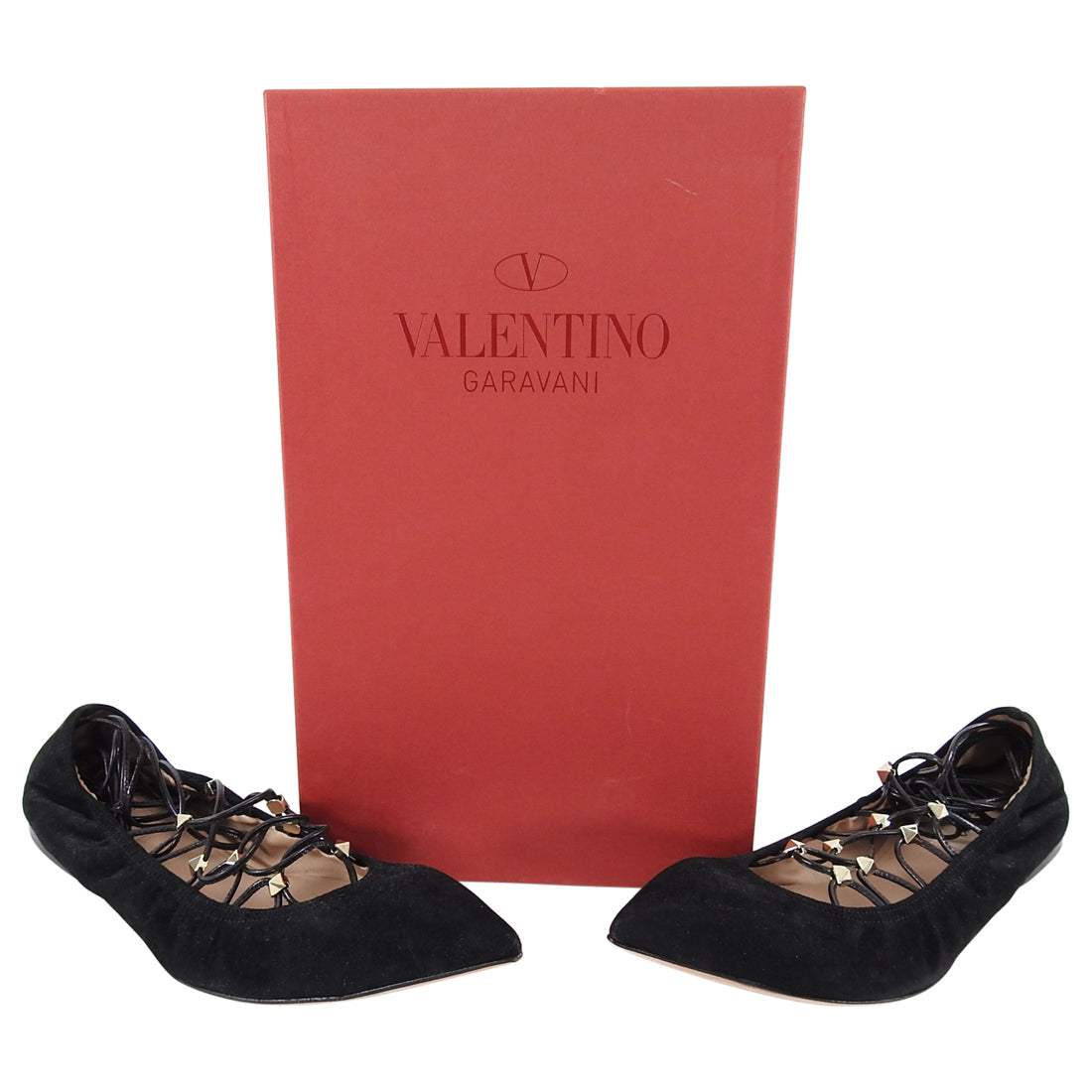 Valentino Black Suede Ballet Flat Lace Up Rock Stud Shoes - 38