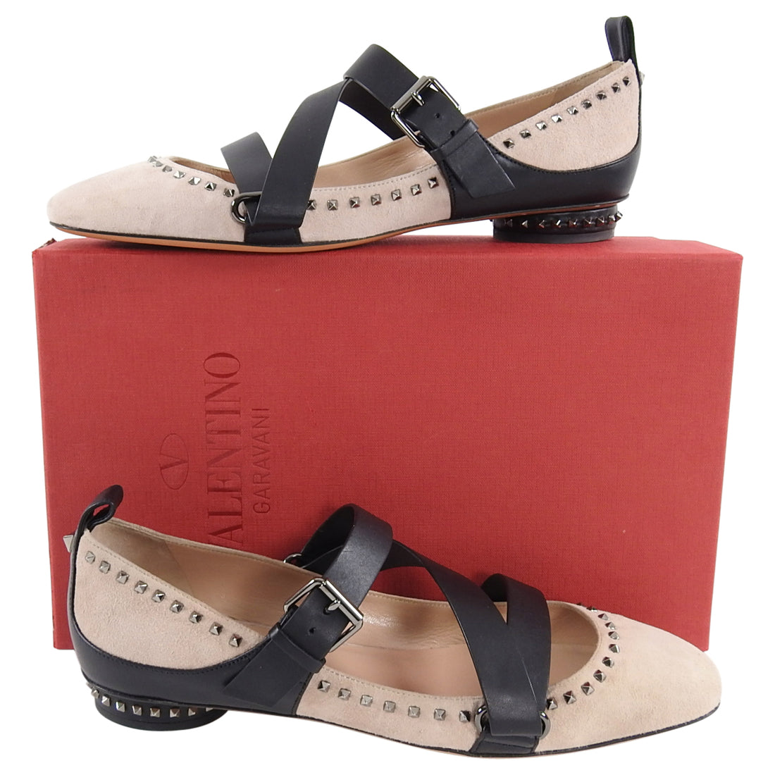 Valentino Nude Suede Rock Stud Leather Strap Flats - 39 / 8.5