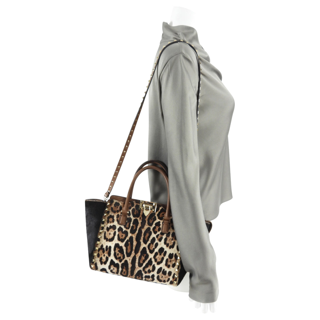 Valentino Leopard Calf Hair Small Rock Stud Trapeze Bag