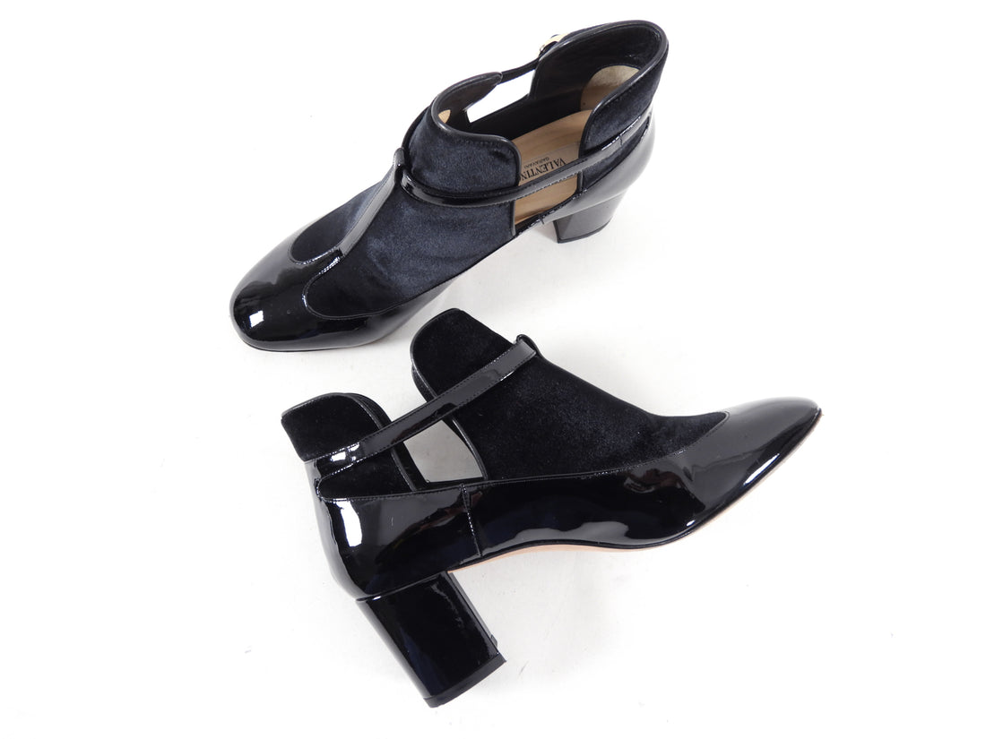 Valentino Black Patent Leather and Velvet Block Heel Boots - 38