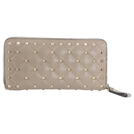 Valentino Beige Quilt Rock Stud Zip Around Wallet