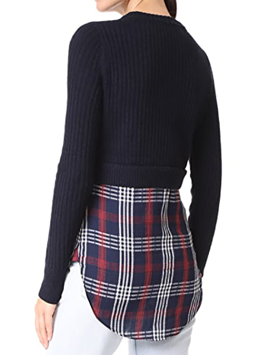 Veronica Beard Navy Garrett Wool Knit Sweater with Plaid Inset - S/M