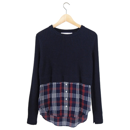 Veronica Beard Navy Garrett Wool Knit Sweater with Plaid Inset - S/M