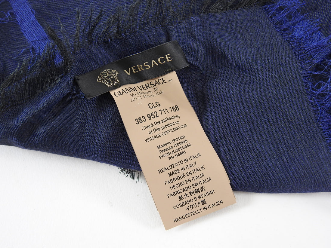 Versace Sheer Navy Wool Blend Medusa 140cm Shawl Wrap Scarf