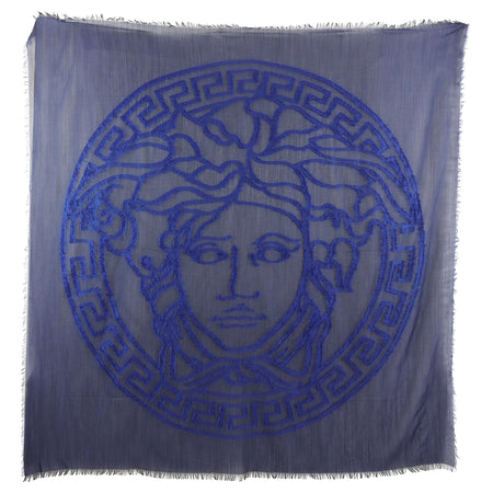 Versace Sheer Navy Wool Blend Medusa 140cm Shawl Wrap Scarf