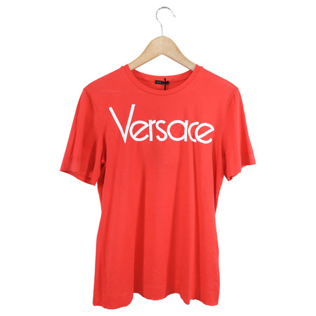 Versace Red and White Embroidered Logo T-Shirt