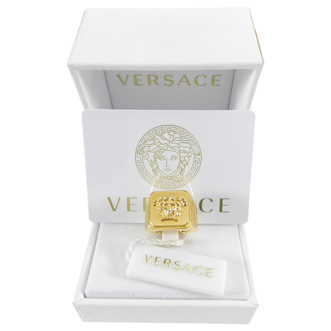 Versace Gold Medusa Head Signet Ring in Box
