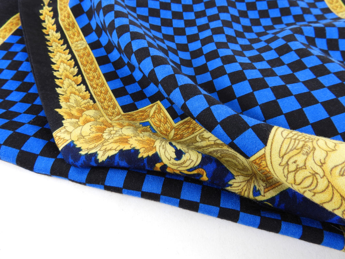 Gianni Versace Vintage Blue and Yellow Barocco Medusa Scarf