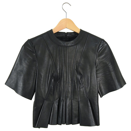Alexander Wang Black Leather Pleated Short Sleeve Top - 0