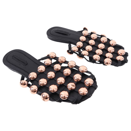 Alexander Wang Black Leather and Copper Stud Flat Sandals - 8