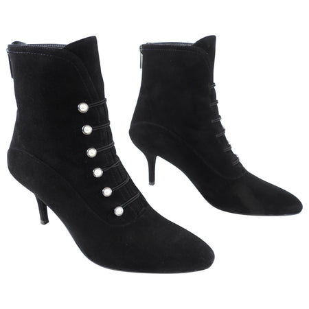 Stuart Weitzman Black Suede Ankle Boot with Pearl Detail - 10