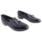 Stuart Weitzman Guything Black Patent Leather and Grey Flannel Tassel Loafers-8.5