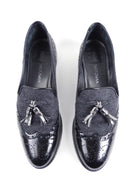 Stuart Weitzman Guything Black Patent Leather and Grey Flannel Tassel Loafers-8.5