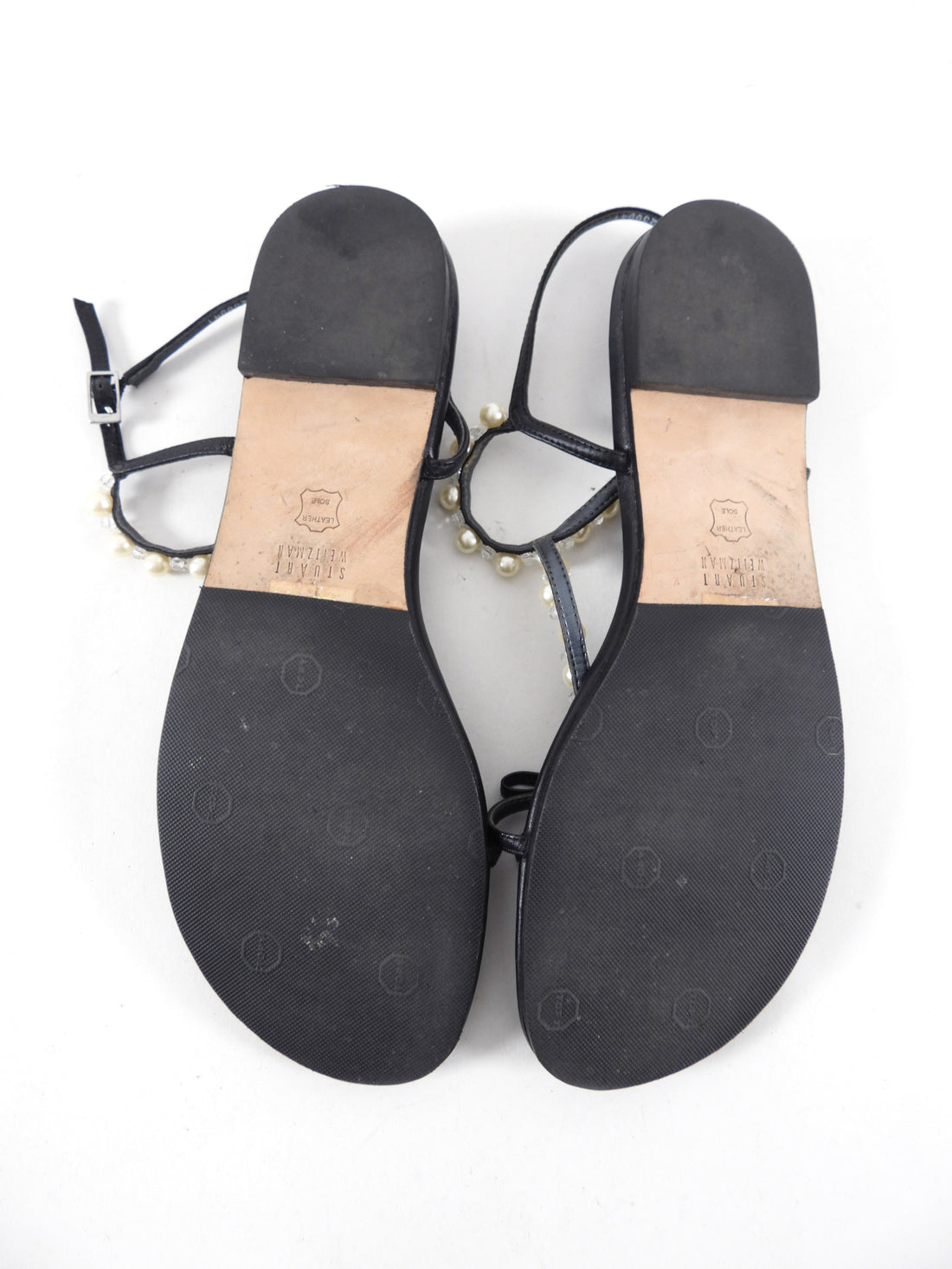 Stuart Weitzman Black Flat Sandals with Pearls