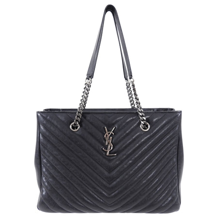 Saint Laurent Black Logo Chevron Quilted Chain Tote Bag