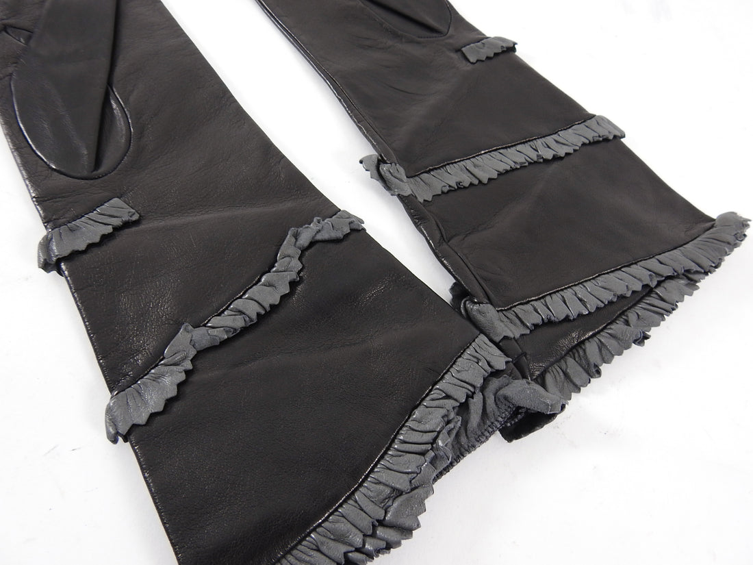 YSL Yves Saint Laurent Vintage 1990's Black Leather Grey Ruffle Gloves