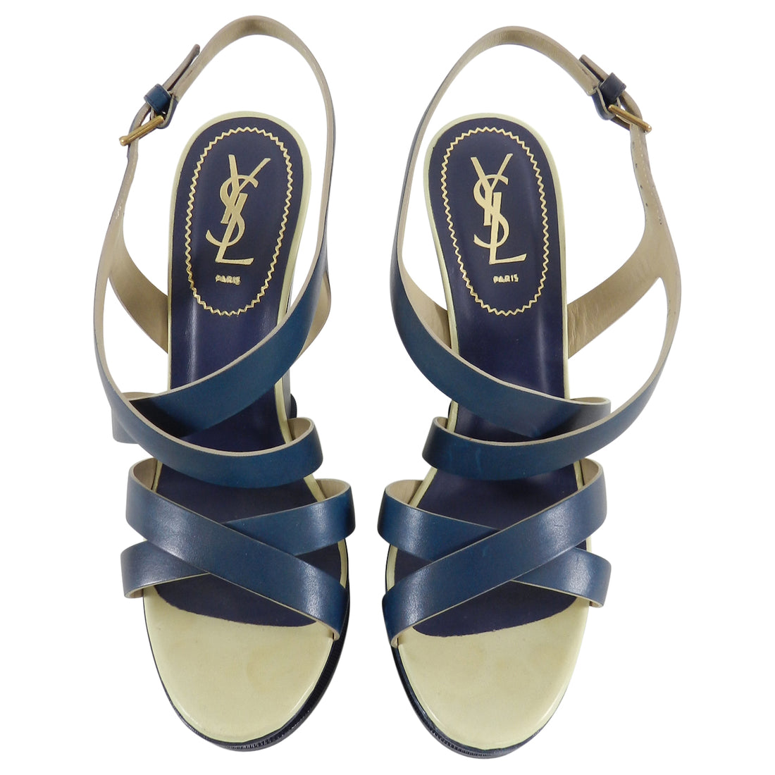 YSL Navy Blue Deauville Wedge Sandals - 40.5