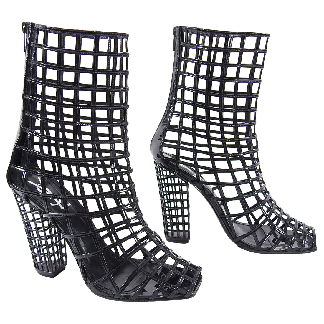 YSL Yves Saint Laurent Iconic 2009 Runway Black Cage Ankle Boots - 40