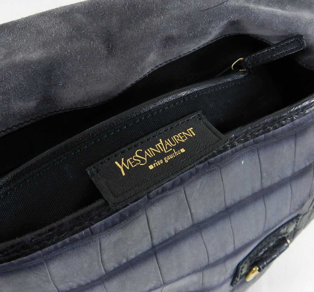 Yves Saint Laurent YSL Grey Faux Crocodile Grained Shoulder Bag