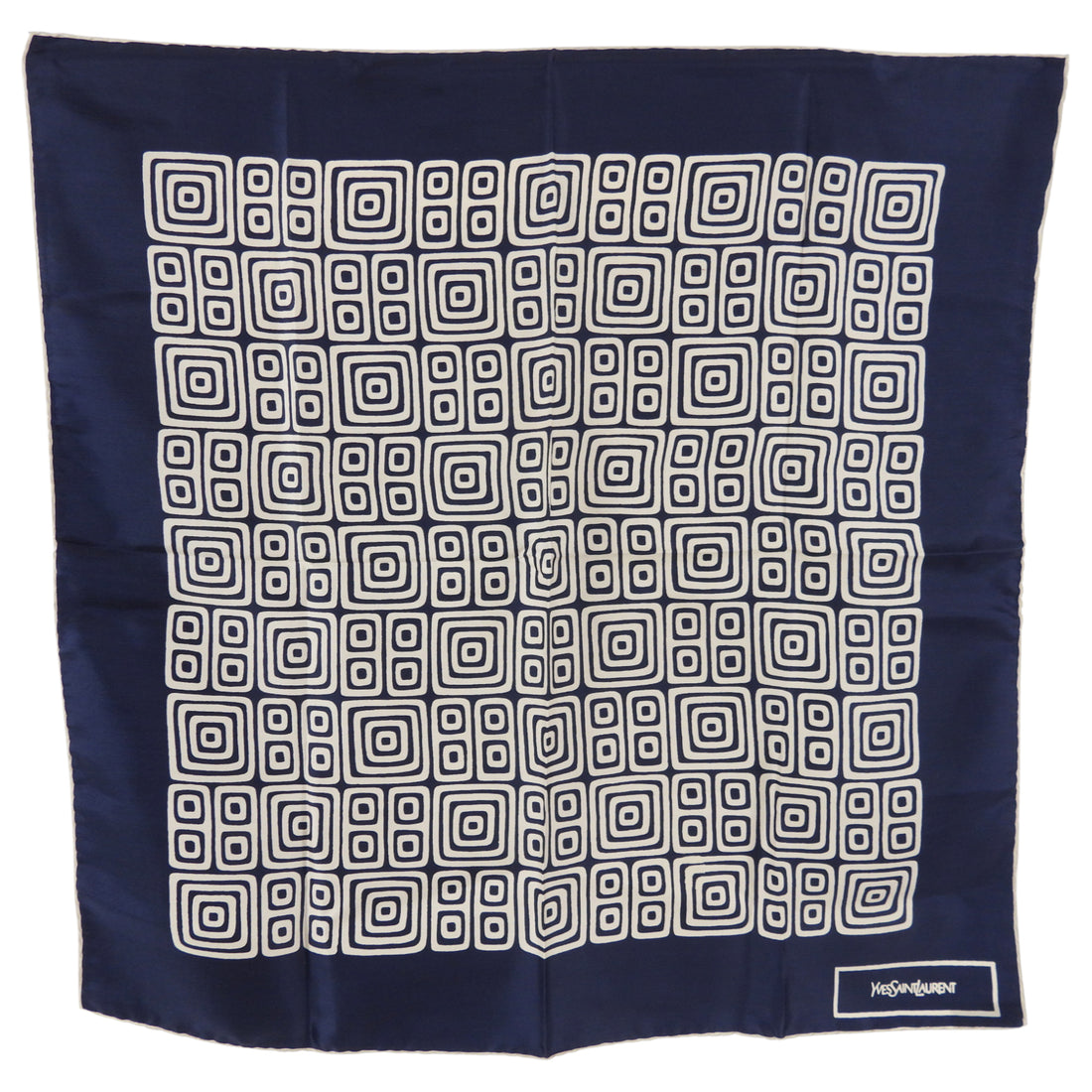 YSL Vintage 1970's Navy and Ivory Silk Square Geometric Scarf