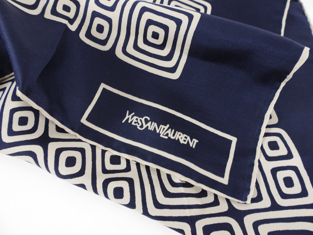 YSL Vintage 1970's Navy and Ivory Silk Square Geometric Scarf