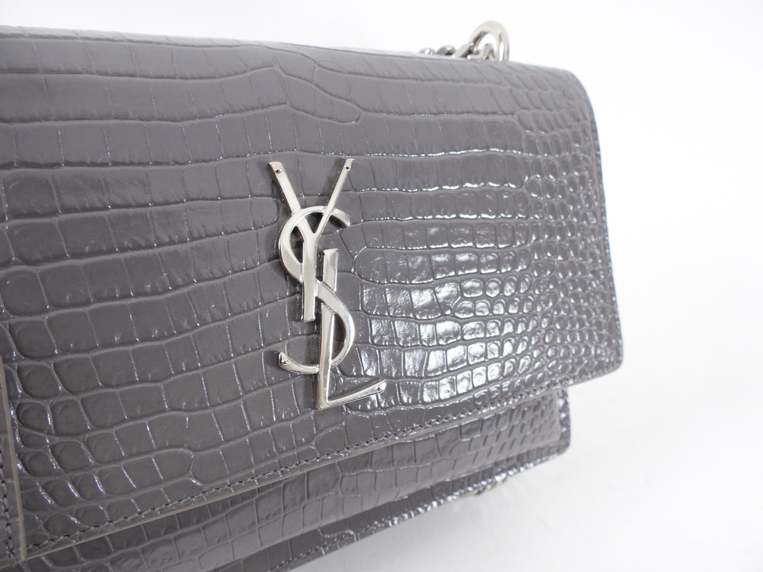 Saint Laurent Grey Croc Embossed Leather Mini Sunset Chain Bag, myGemma, NL