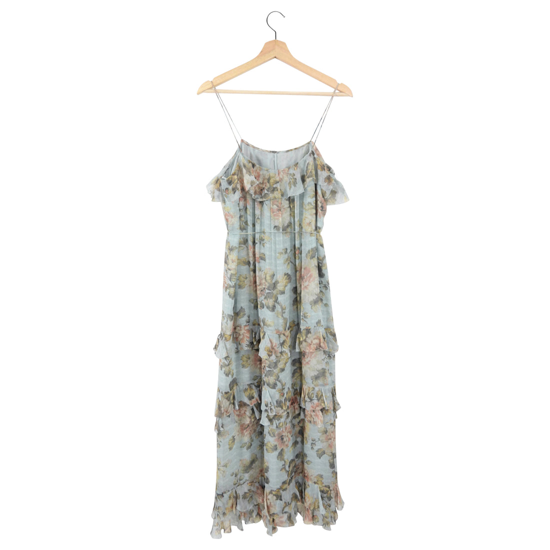 Zimmermann Floral Strappy Silk Ruffle Long Gown - USA S
